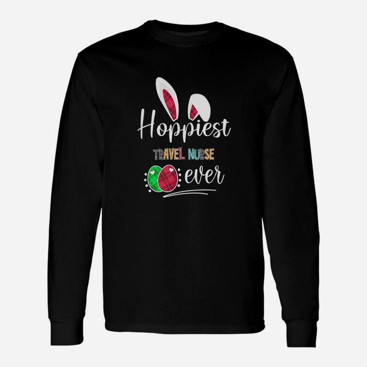 Hoppiest Travel Nurse Ever Bunny Ears Buffalo Plaid Easter Nursing Job Title Long Sleeve T-Shirt