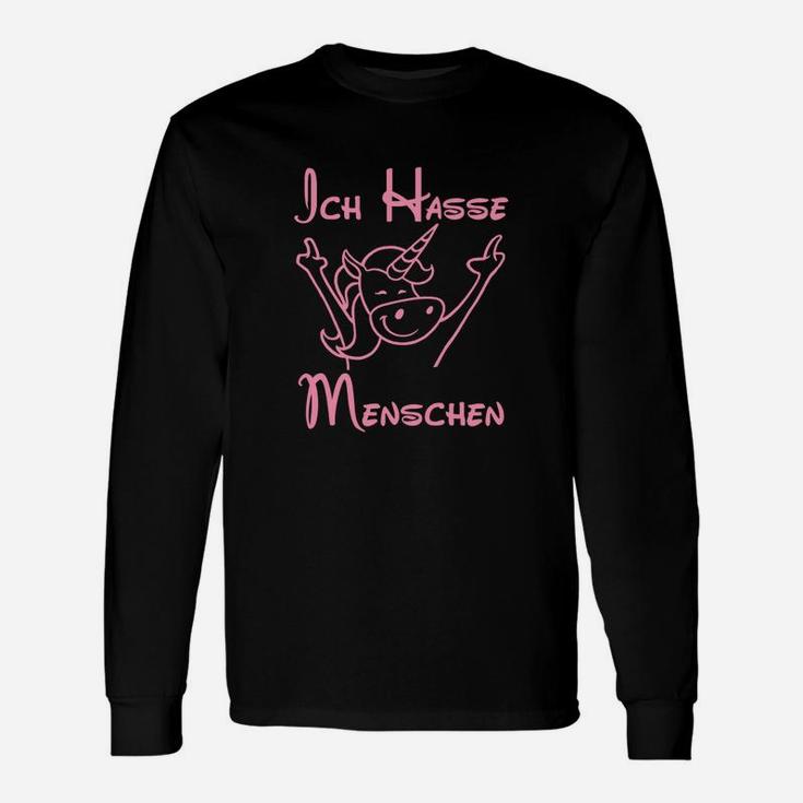 Ich Hasse Menschen Langarmshirts, Schwarzes Cartoon-Motiv Tee