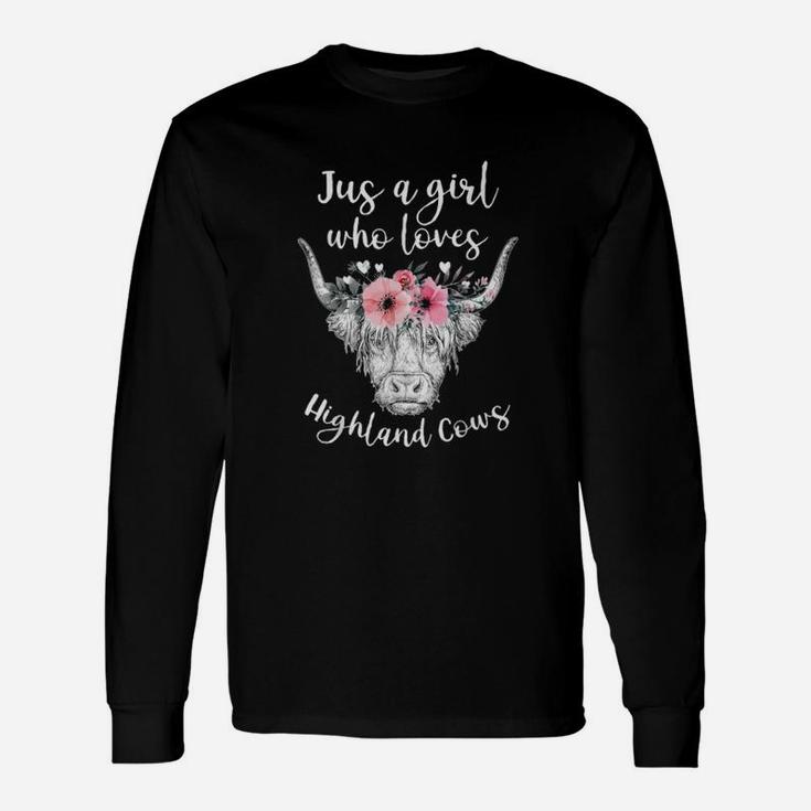 Just A Girl Who Loves Highland Cows Cute Cow With Flower Long Sleeve T-Shirt