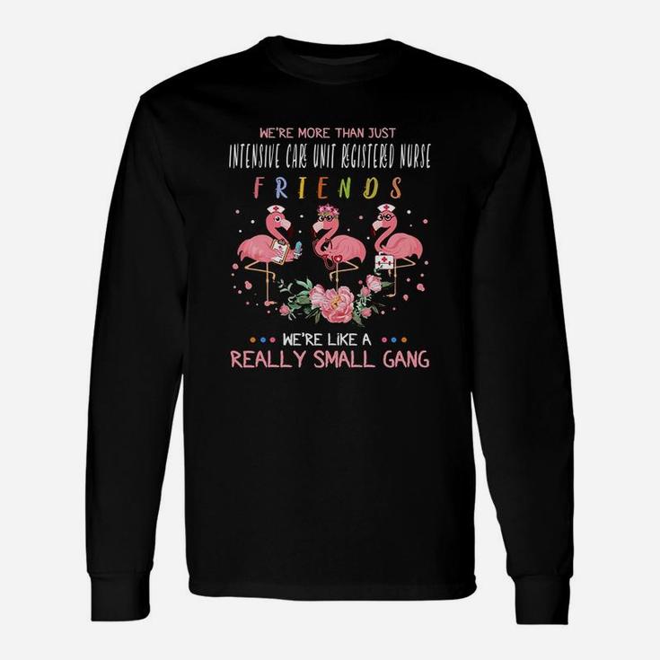 We Are More Than Just Intensive Care Unit Registered Nurse Friends We Are Like A Really Small Gang Flamingo Nursing Job Long Sleeve T-Shirt
