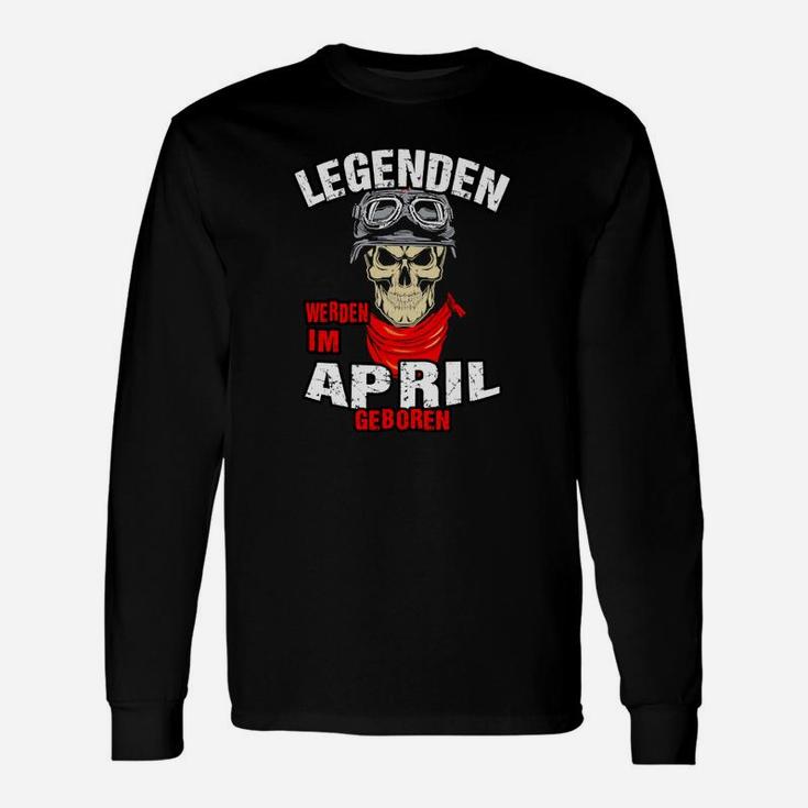 Legenden Geboren im April Langarmshirts, Schwarzes Skull-Design Tee