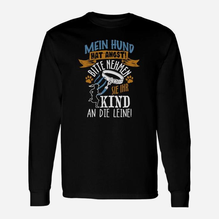 Lustiges Hunde-Langarmshirts Mein Hund hat Angst! Kind an Leine, Schwarz