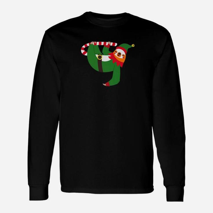 Merry Christmas Sloth Elf Candy Cane Santa Hat Long Sleeve T-Shirt