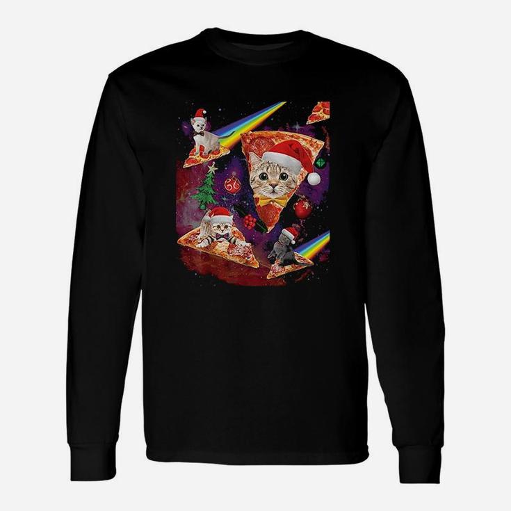 Outer Space Christmas Cats Riding On Pizza Long Sleeve T-Shirt