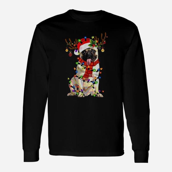 Pug Dog Christmas Reindeer Christmas Lights Long Sleeve T-Shirt
