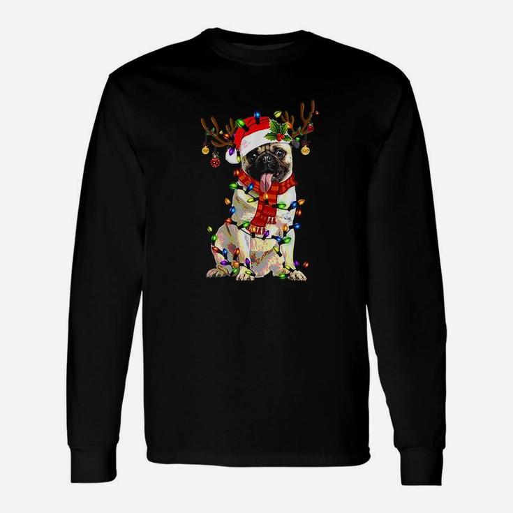 Pug Dog Christmas Reindeer Christmas Lights Pajama Long Sleeve T-Shirt