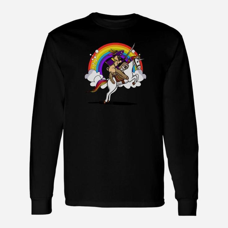Pug Dog And Sloth Riding Unicorn Magical Rainbow Long Sleeve T-Shirt