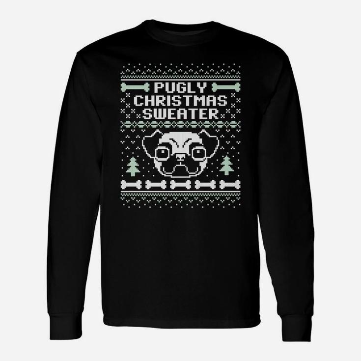 Pugly Christmas Sweater Pug Dog Dark Long Sleeve T-Shirt