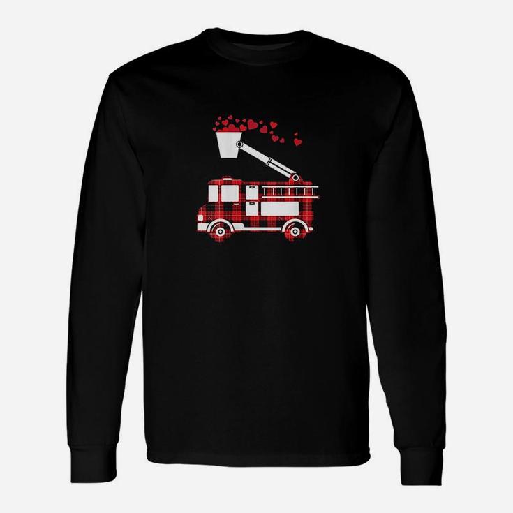 Red Plaid Fire Truck Fireman Valentines Day Long Sleeve T-Shirt