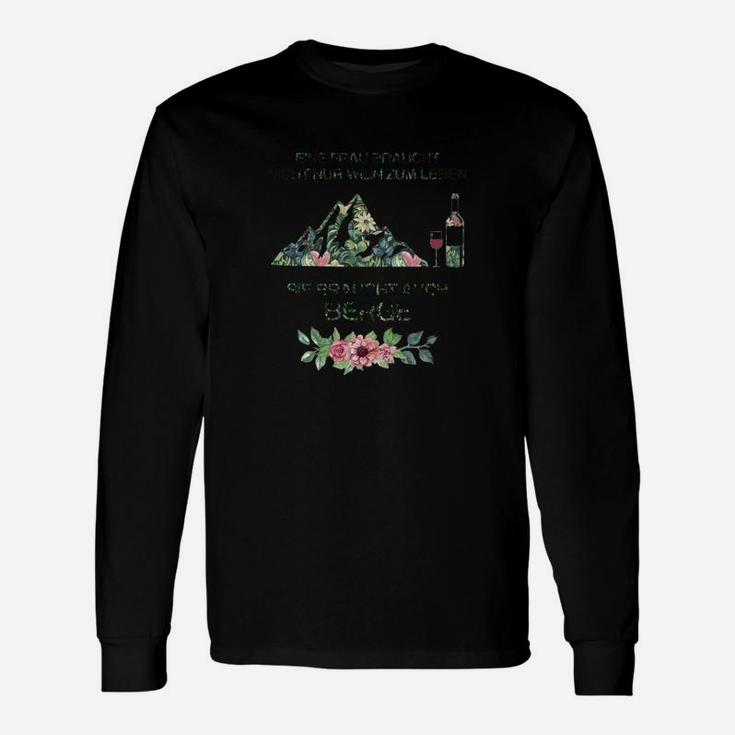 Schwarzes Langarmshirts mit Berg- und Blumendruck, Inspirierendes Zitat Design