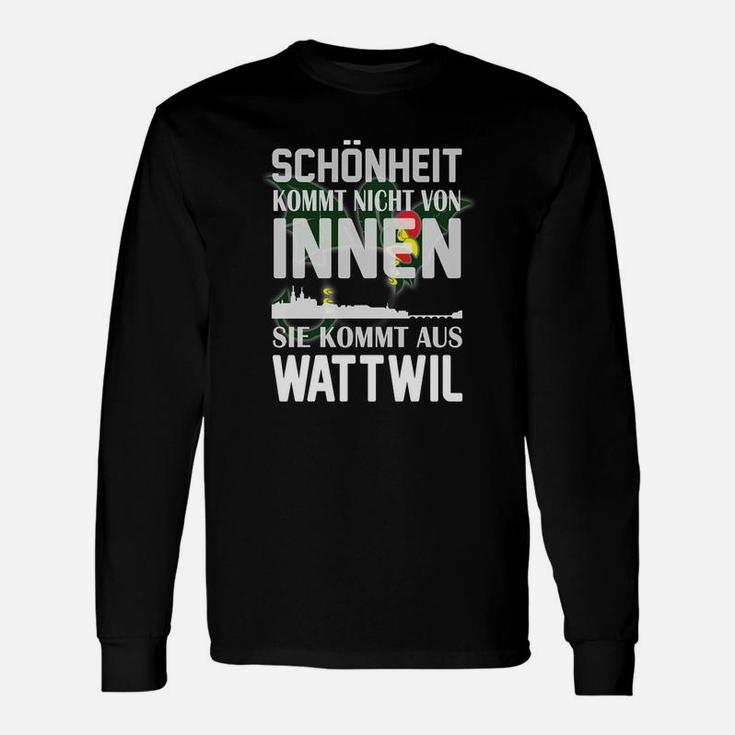 Schwarzes Langarmshirts mit Wattwil-Spruch, Humorvoller Aufdruck