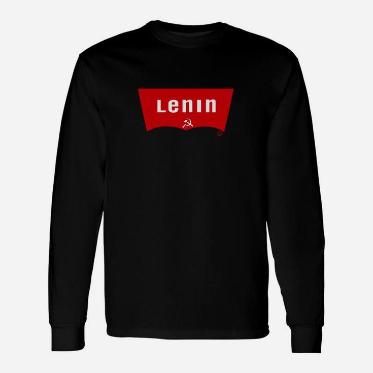 Schwarzes Lenin-Design Langarmshirts, Rotes Banner-Motiv, Unisex