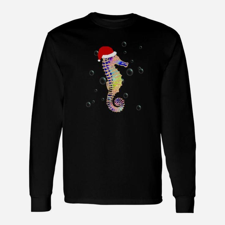 Seahorse Christmas With Santa Hat Beach Christmas Long Sleeve T-Shirt