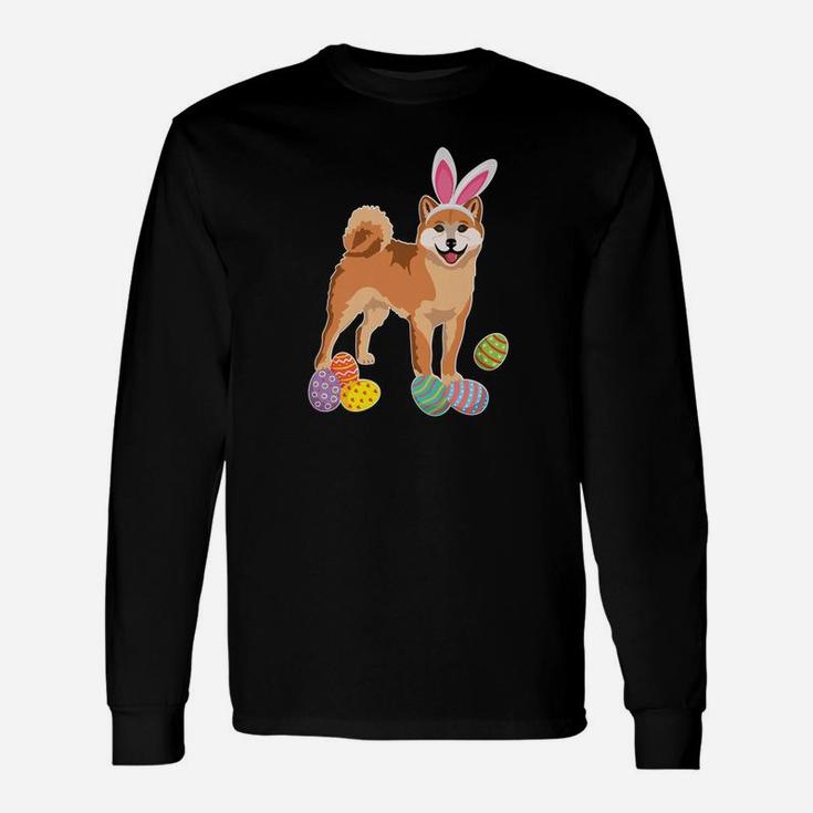 Shinba Dog Bunny Rabbit Hat Playing Easter Eggs Happy Long Sleeve T-Shirt