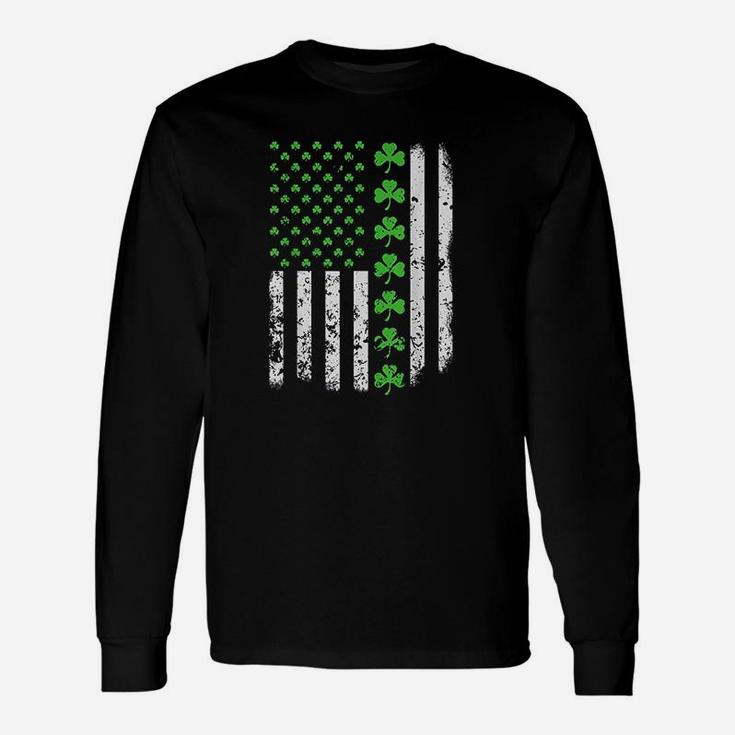Vintage American Usa Flag Shamrock Green Clover Long Sleeve T-Shirt