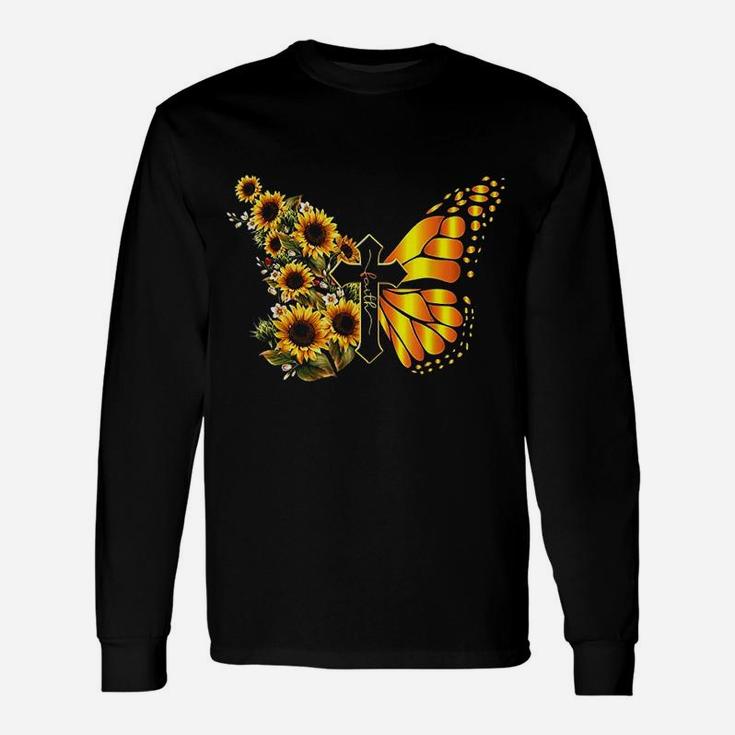 Vintage Faith Cross Sunflower Butterfly Christian Long Sleeve T-Shirt