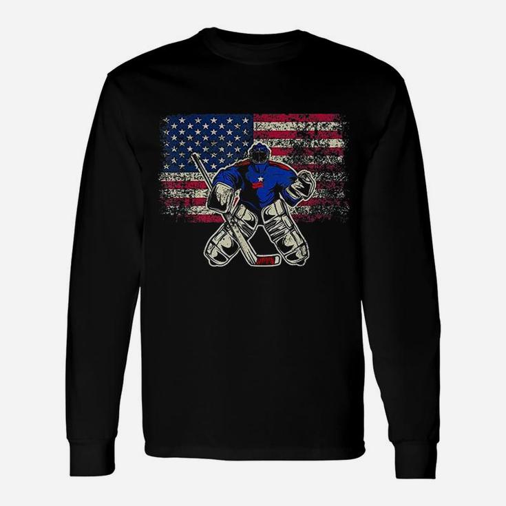 Vintage Ice Hockey Goalie Usa Flag For Goalie Long Sleeve T-Shirt