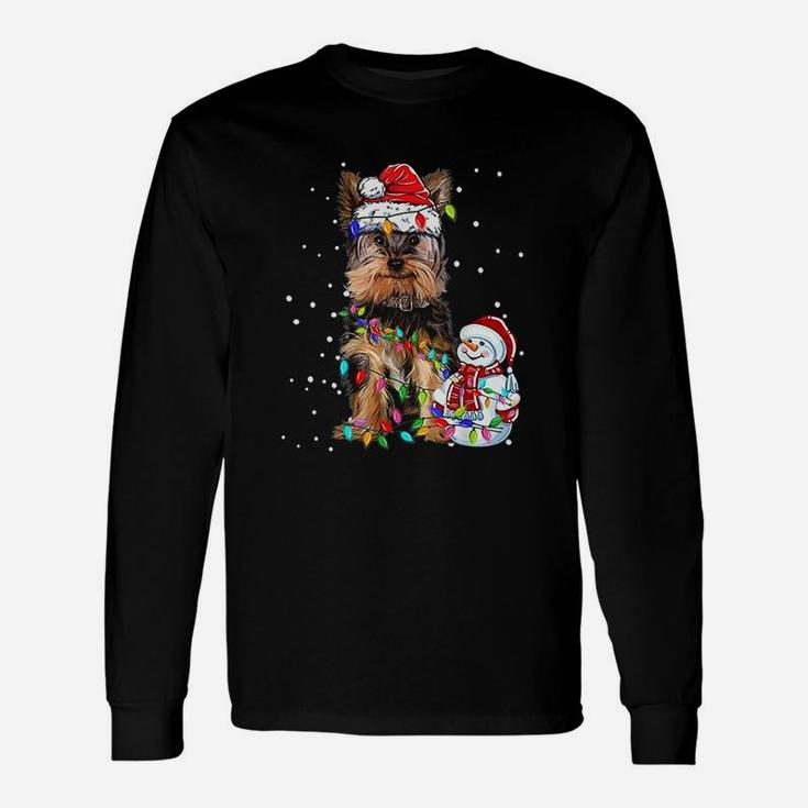 Yorkshire Terrier Christmas Santa Hat Xmas Lights Yorkie Dog Long Sleeve T-Shirt