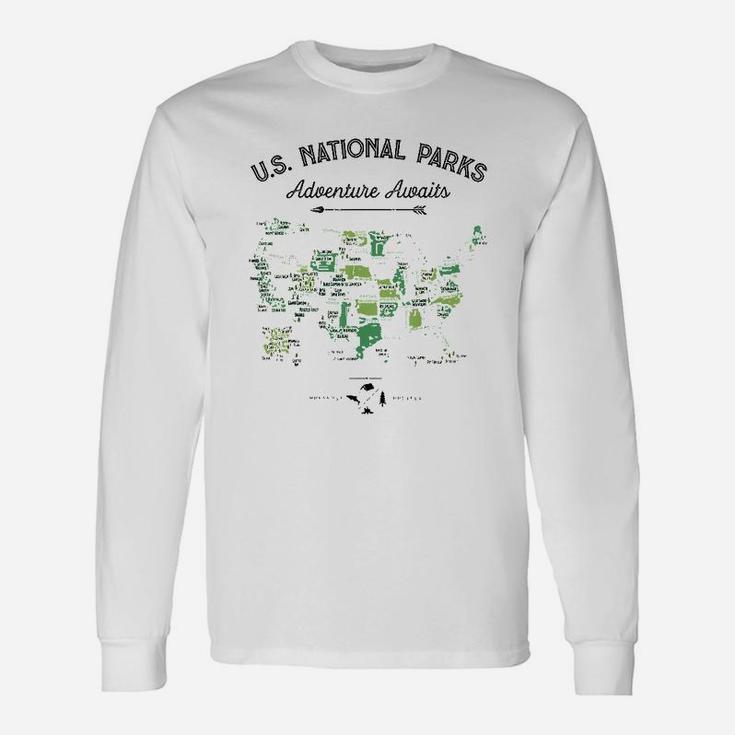 62 National Parks Map Us Park Vintage Camping Hiking Long Sleeve T-Shirt