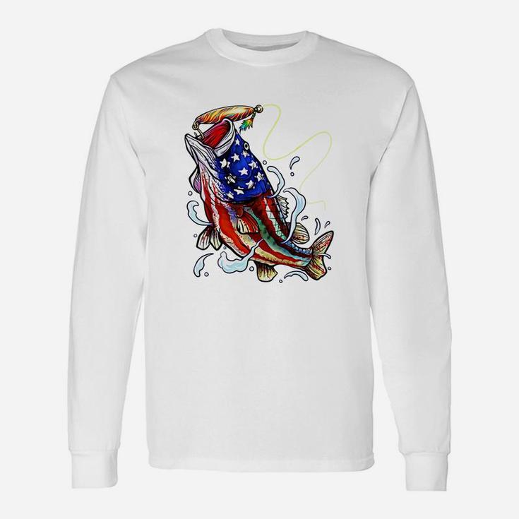 Bass Fishing 4th Of July Dad Father s Day American Flag Long Sleeve T-Shirt