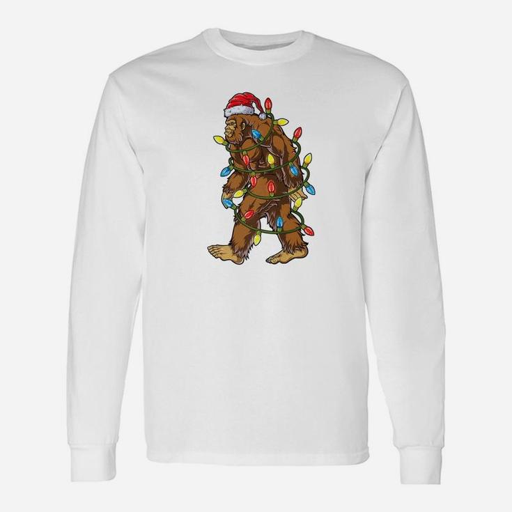 Bigfoot Christmas Shirt Santa Xmas Tree Lights Boys Long Sleeve T-Shirt