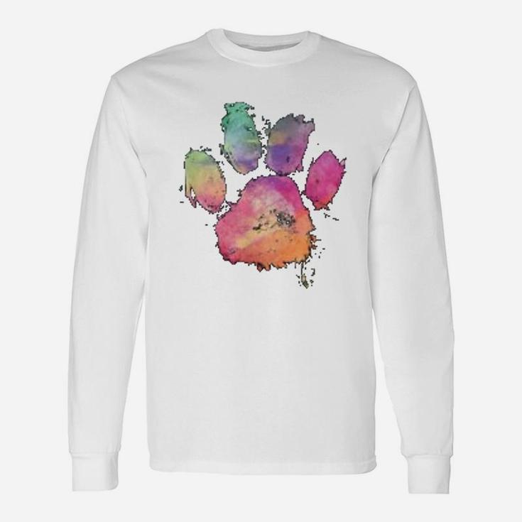 Cat Dog Paws Print Watercolor Rainbow Abstract Animal Lover Long Sleeve T-Shirt