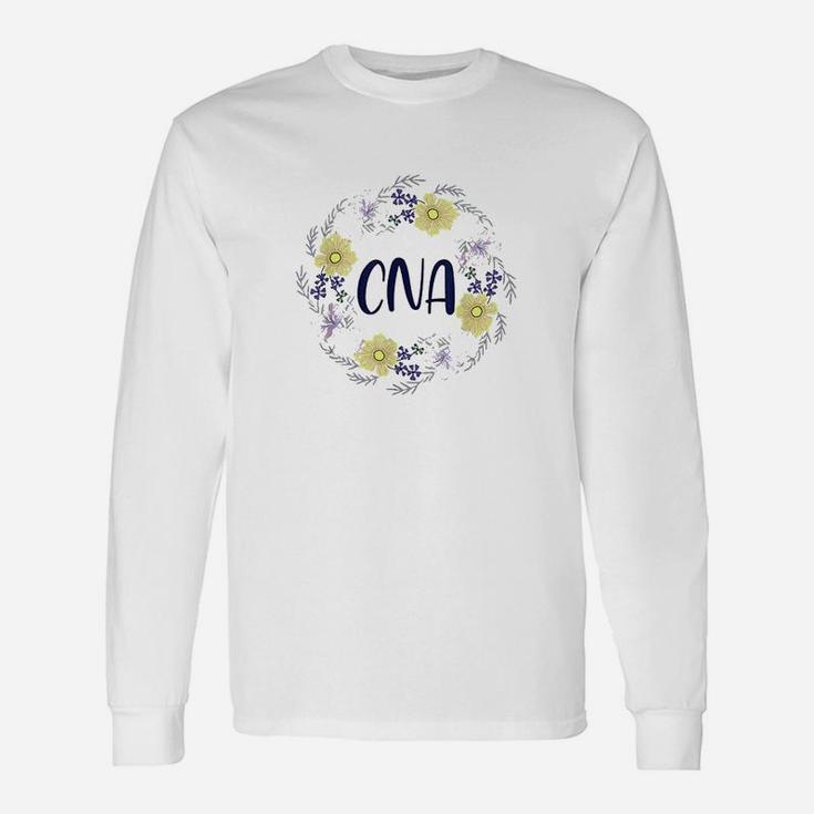 Cna Round Floral Frame Certified Nursing Assistant Long Sleeve T-Shirt
