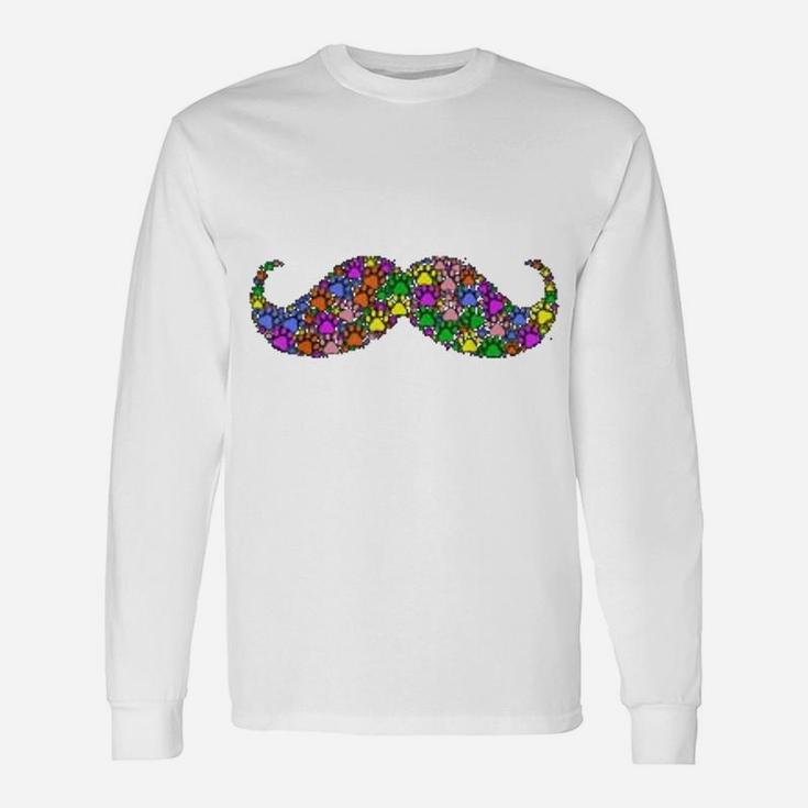 Colorful Cat And Dog Paws Print Beard Mustache Long Sleeve T-Shirt