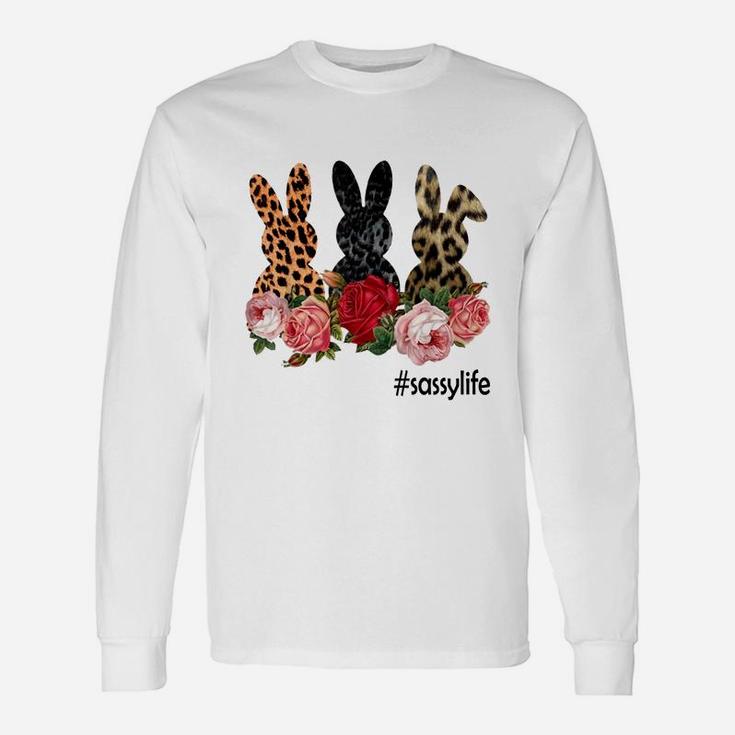 Cute Bunny Flowers Sassy Life Happy Easter Sunday Floral Leopard Plaid Women Long Sleeve T-Shirt