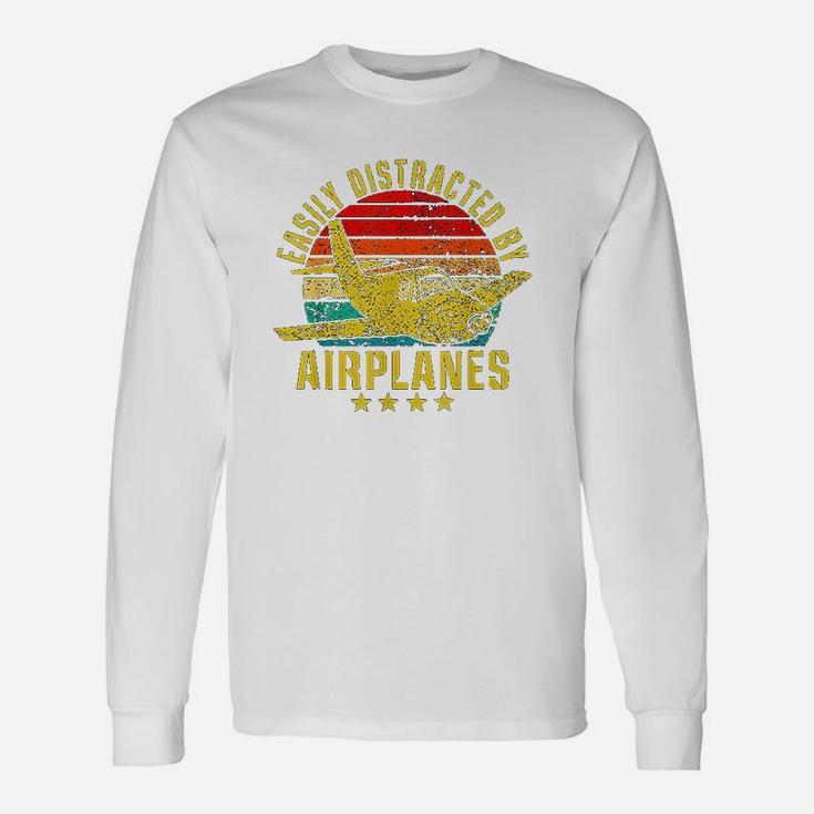 Easily Distracted By Airplanes Vintage Retro Pilot Long Sleeve T-Shirt
