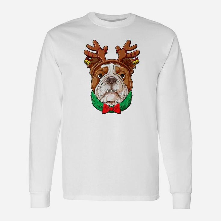 English Bulldog Christmas Shirt Reindeer Antlers Dog Girls Long Sleeve T-Shirt