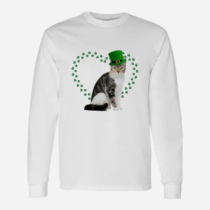 European Shorthair Heart Paw Leprechaun Hat Irish St Patricks Day For Cat Lovers Long Sleeve T-Shirt