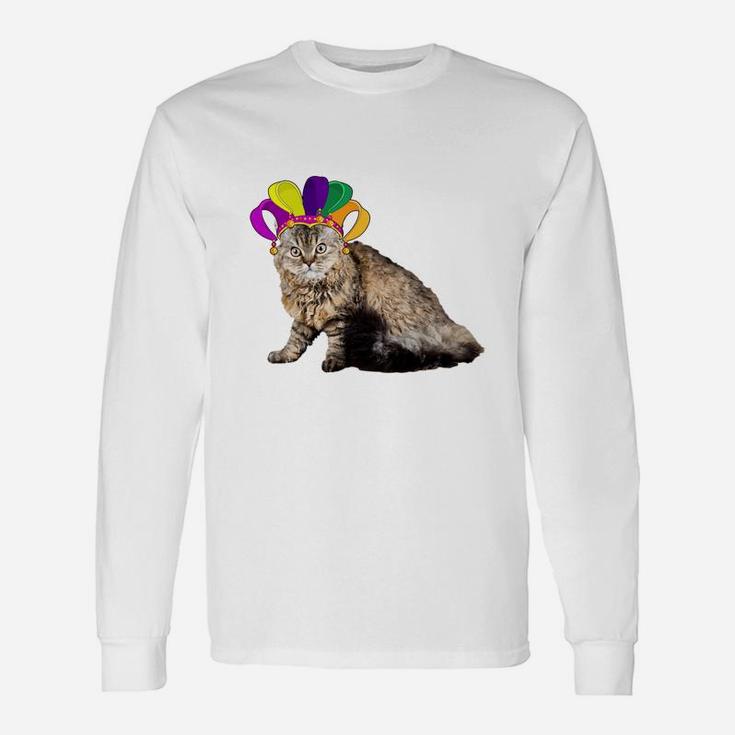 Fat Tuesday Mardi Gras Selkirk Rex Wearing Jester Hat Cat Lovers Long Sleeve T-Shirt