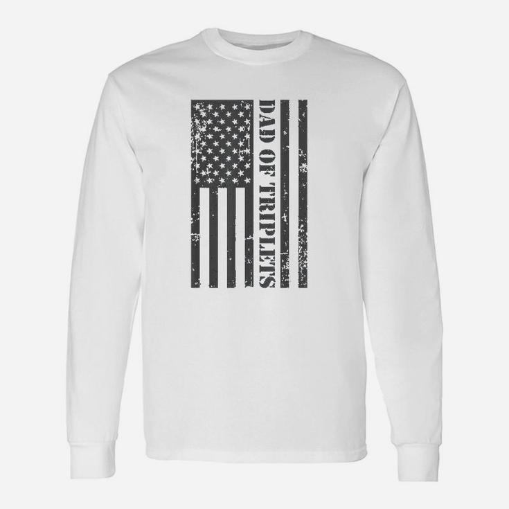 Fathers Day Triplet Dad American Flag Dad Of Triplets Long Sleeve T-Shirt