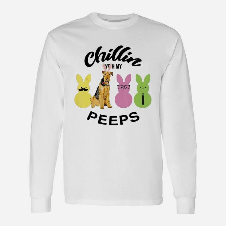 Happy 2021 Easter Bunny Cute Airedale Terrier Chilling With My Peeps For Dog Lovers Long Sleeve T-Shirt
