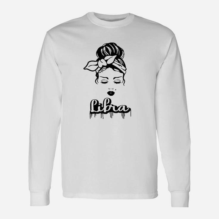 Libra Zodiac Sign Messy Bun Retro Vintage Birthday Long Sleeve T-Shirt