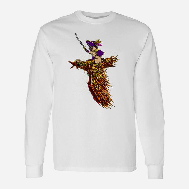 Pug Dog Pirate Riding Phoenix Bird Long Sleeve T-Shirt