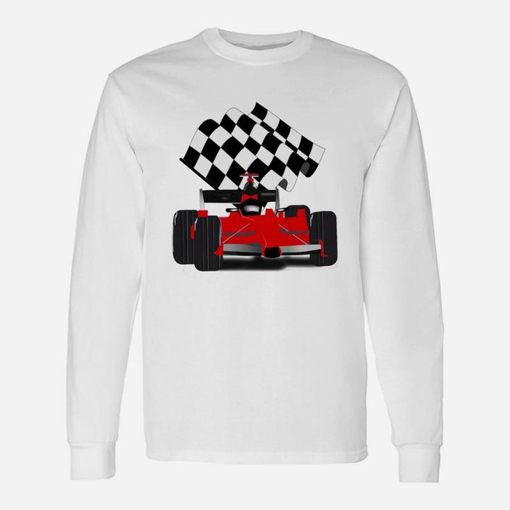 Red Race Car With Checkered Flag Long Sleeve T-Shirt