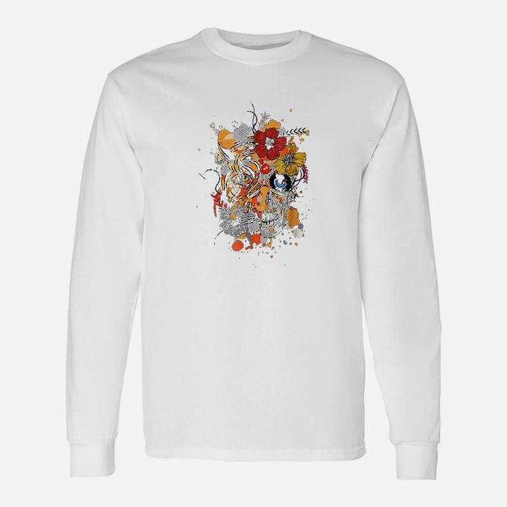 Tiger Flower Skull Day Of The Dead Mexican Pattern Long Sleeve T-Shirt