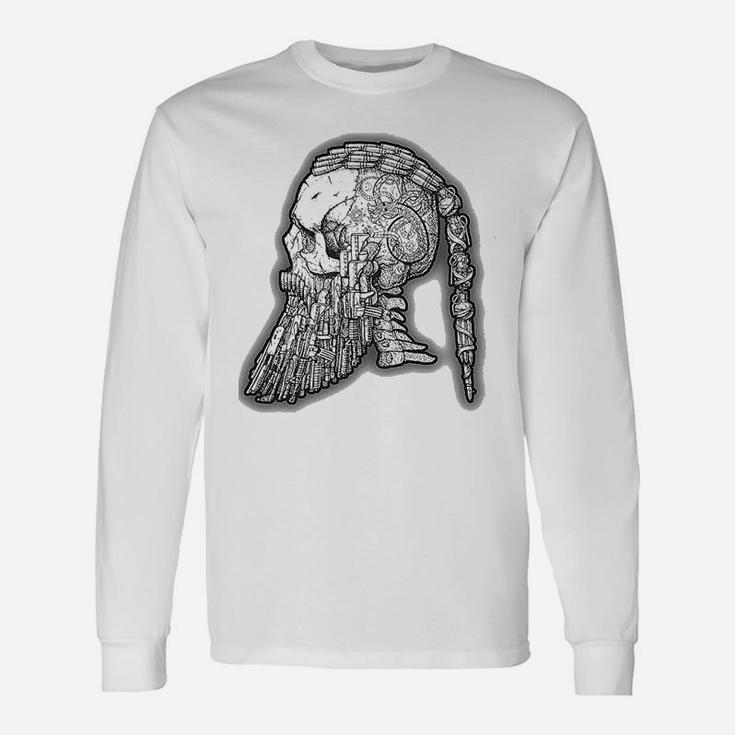 Vintage Viking Warrior Beard Skull Sketched Print Long Sleeve T-Shirt