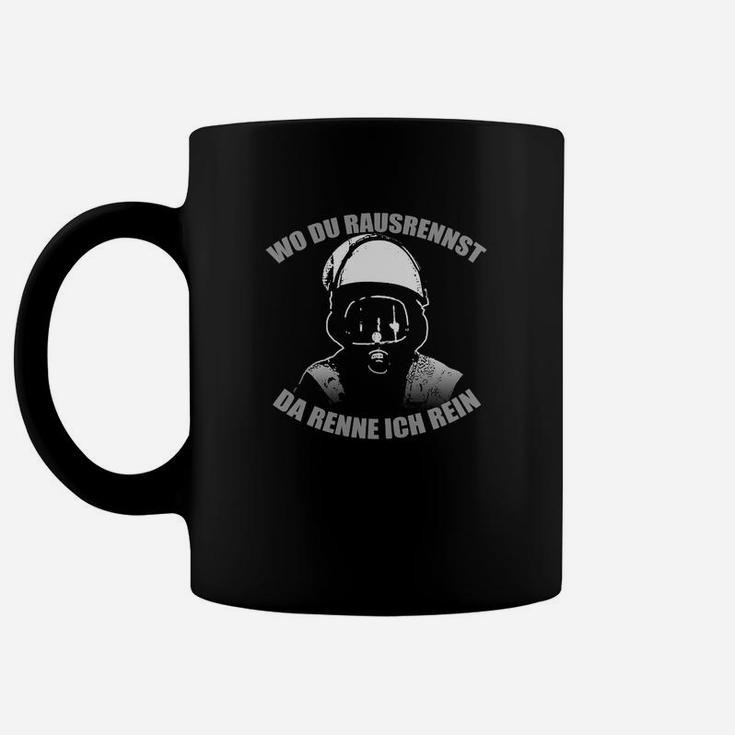 Schwarzes Tassen mit Helm-Motiv - Wo du rausrennst, da renne ich rein