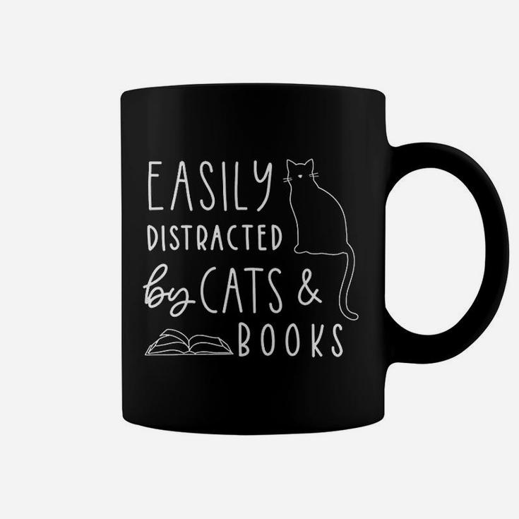 Easily Distracted Cats And Books Funny Gift For Cat Lovers Coffee Mug