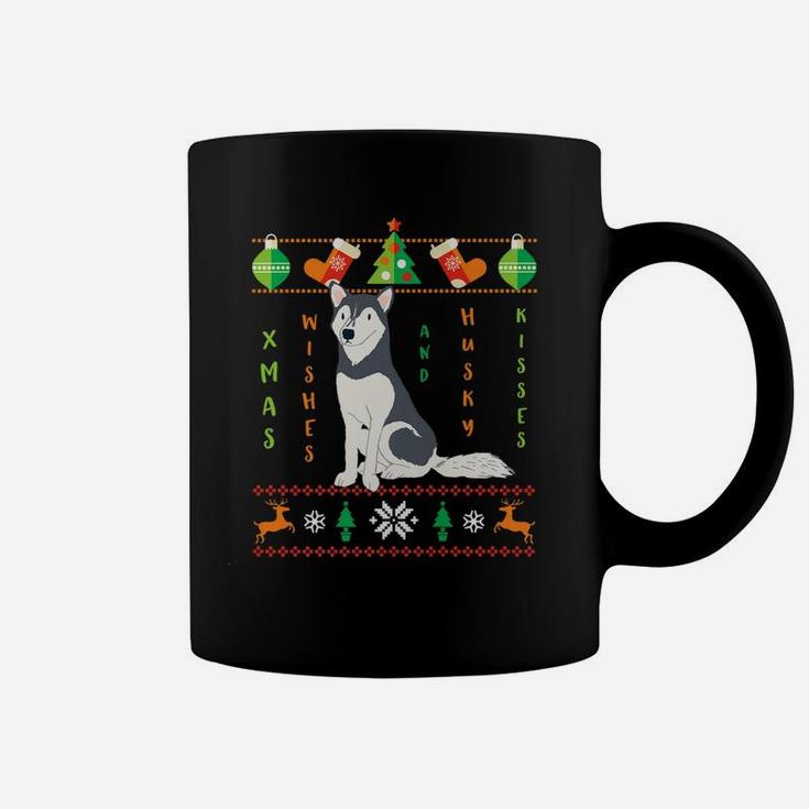 Funny Ugly Sweater Dog Christmas Wishes Husky Kisses Coffee Mug