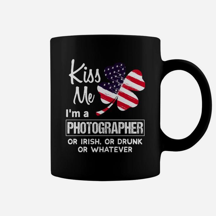 Kiss Me I Am A Photographer Irish Shamrock St Patricks Day 2021 Funny Saying Job Title Coffee Mug