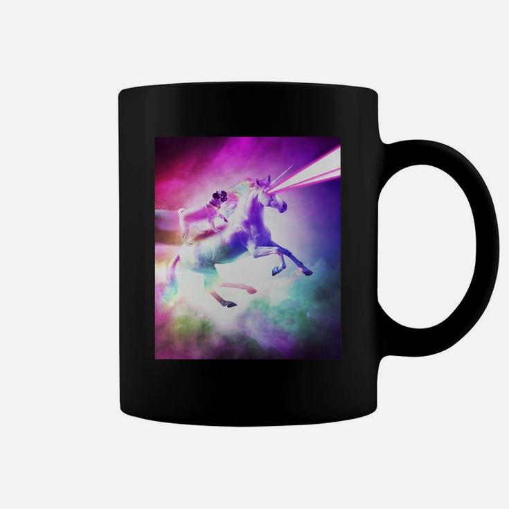 Space Pug On Flying Rainbow Unicorn With Laser Eyes Coffee Mug