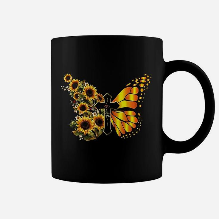 Vintage Faith Cross Sunflower Butterfly Christian Coffee Mug
