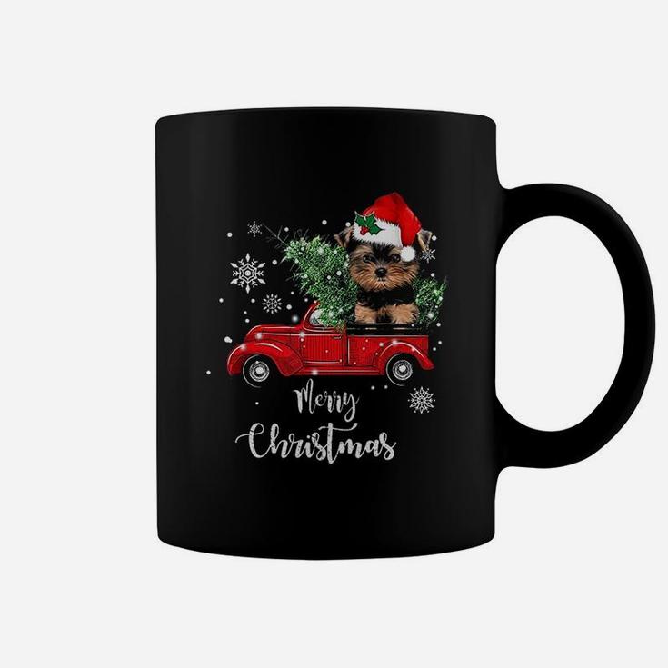 Yorkies Ride Red Truck Christmas Coffee Mug