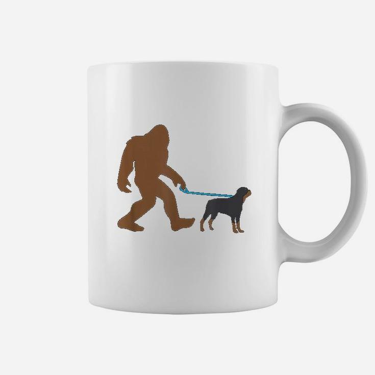 Bigfoot Walking Rottweiler Dog Funny Sasquatch Gift Coffee Mug