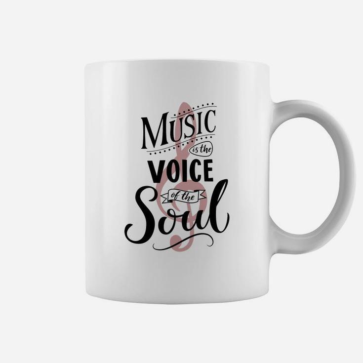 Music Is The Voice Of The Soul. Inspirational Quote Typography, Vintage Style Saying On White Background. Dancing School Wall Art Poster. Coffee Mug