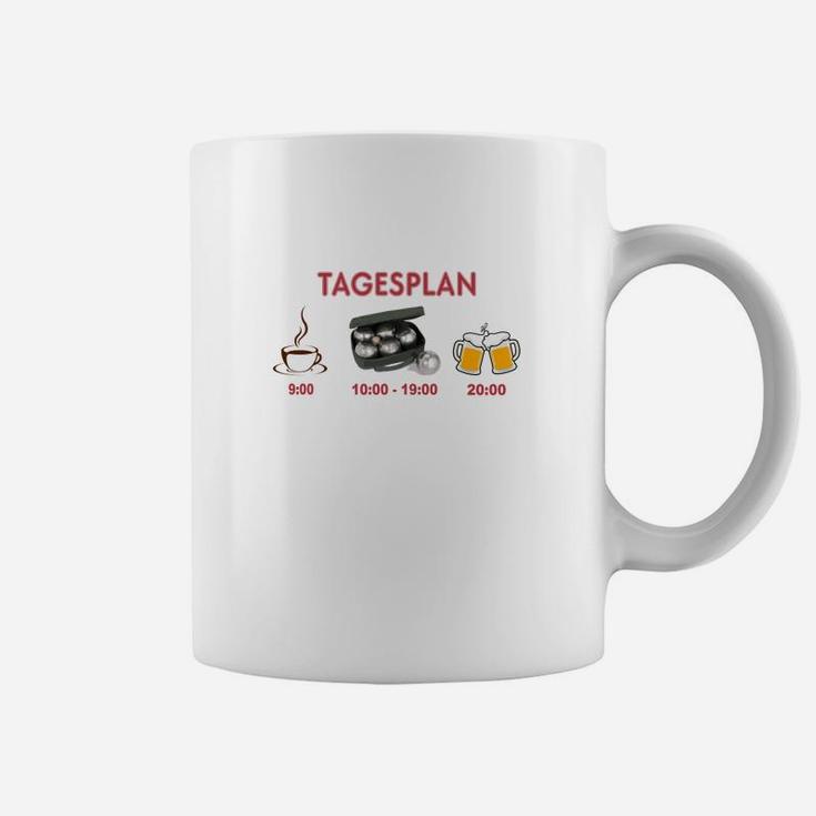 Weißes Tassen mit Tagesplan Motiv: Kaffee, Gaming, Bier Icons